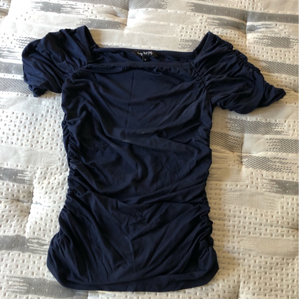 Long Tall Sally blue navy short sleeve square neck ruching top